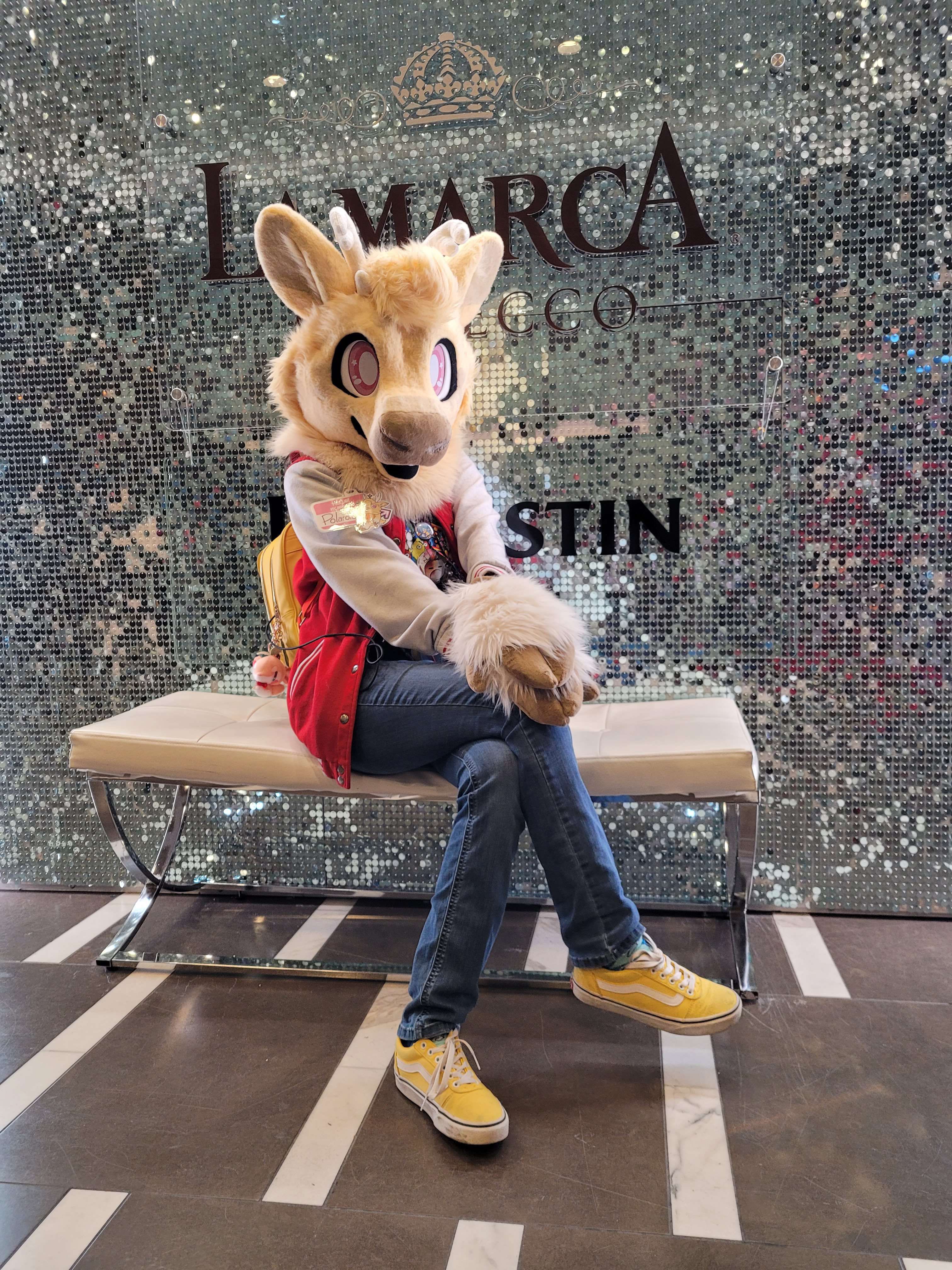 Fursuit of Polaroid in front of a shiny wall